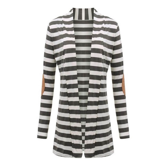 Gray & White Striped Cardigan with Elbow Patches - Picture 6 of 15